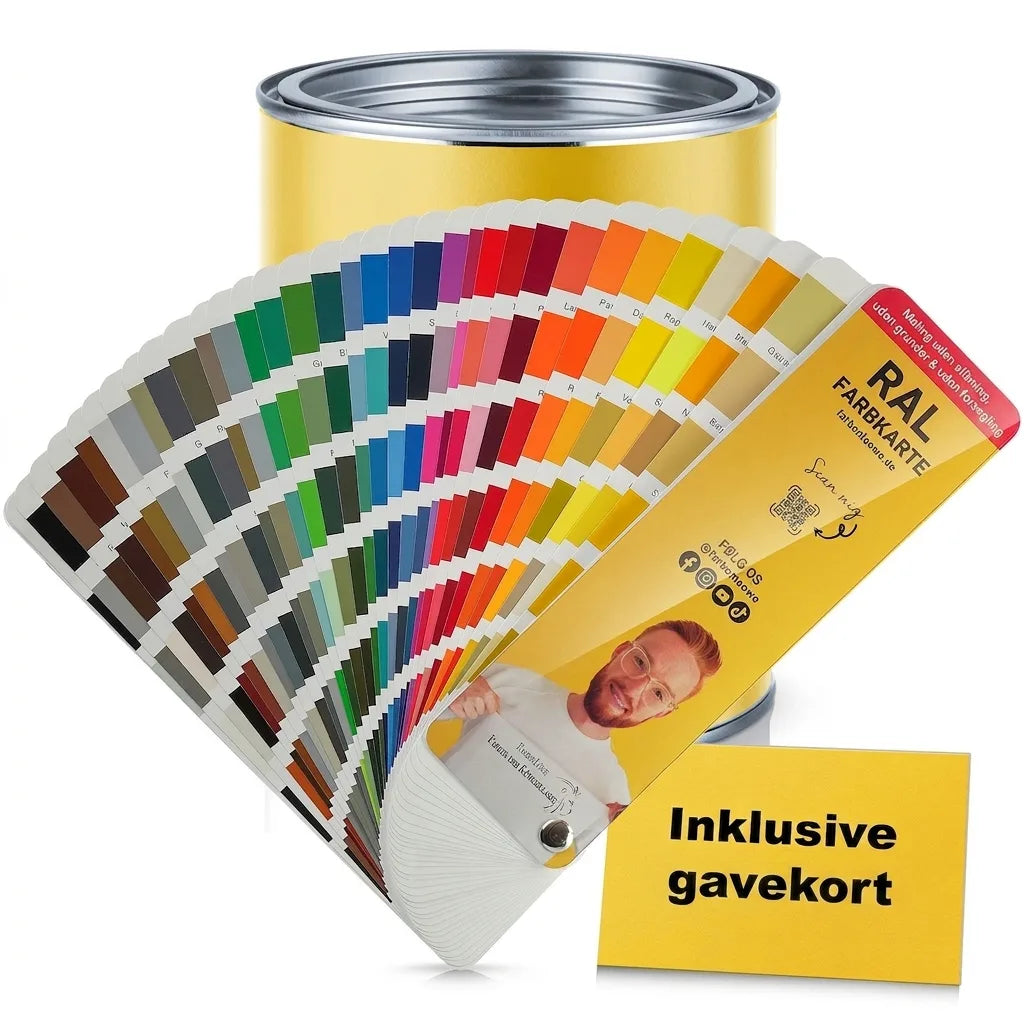 Gul malingdåse, RAL farvekort med farveprøver og en gul værdikupon. Find din perfekte farve.