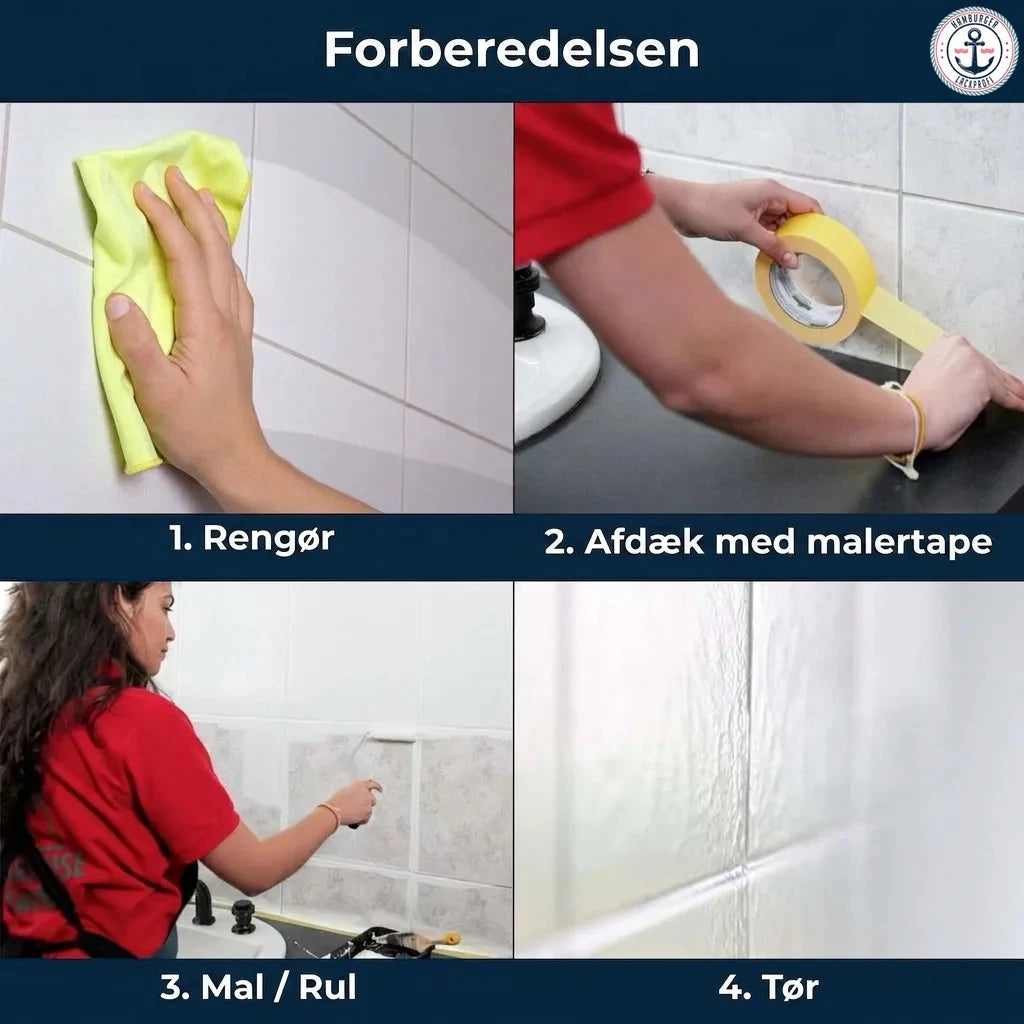 Fire trin til forberedelse og maling af fliser: rengøring, afdækning, maling/rulning og tørring.
