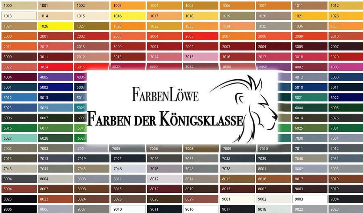 Farvekort med RAL-koder og farver. Inkluderer tysk branding 'FarbenLöwe' og slogan 'Farben der Königsklasse'.