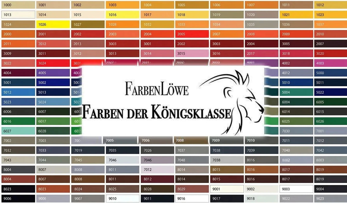 Farbenlöwe RAL-farvekort med farveprøver og koder, inkl. slogan: Farver af kongelig klasse.