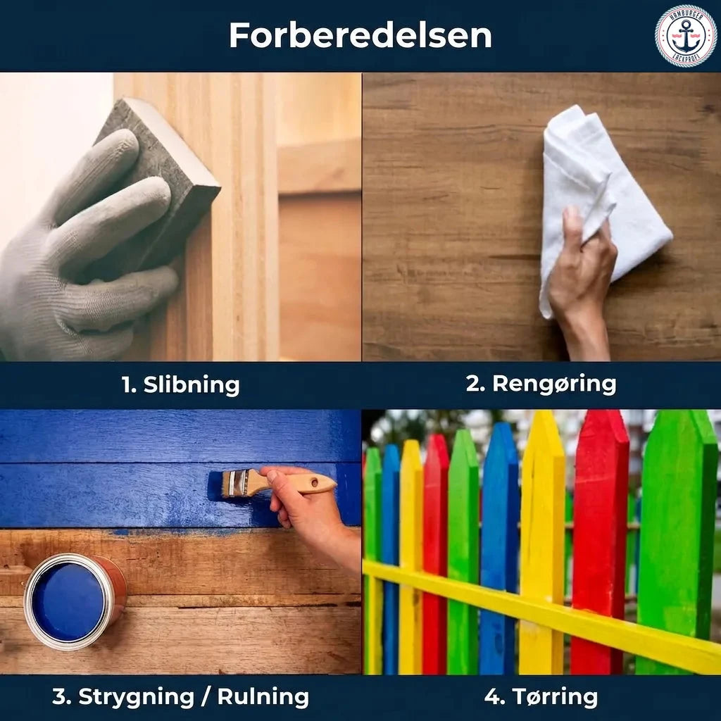 Trin-for-trin guide til maling af træ: slibning, rengøring, maling med blå farve, og tørring af farverigt hegn.