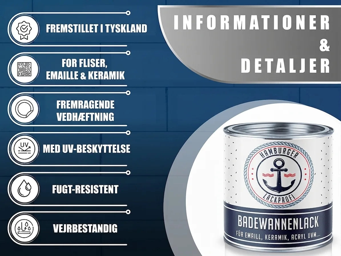 Badevannslak produktinfo: Fremstillet i Tyskland, til fliser, emalje, keramik. UV-, fugt- og vejrbestandig.