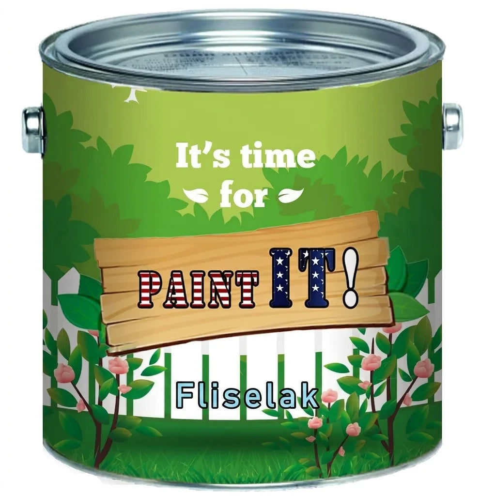 Maledåse med grøn have-tema etiket, teksten 'It's time for PAINT IT!' og 'Flisemaling'.