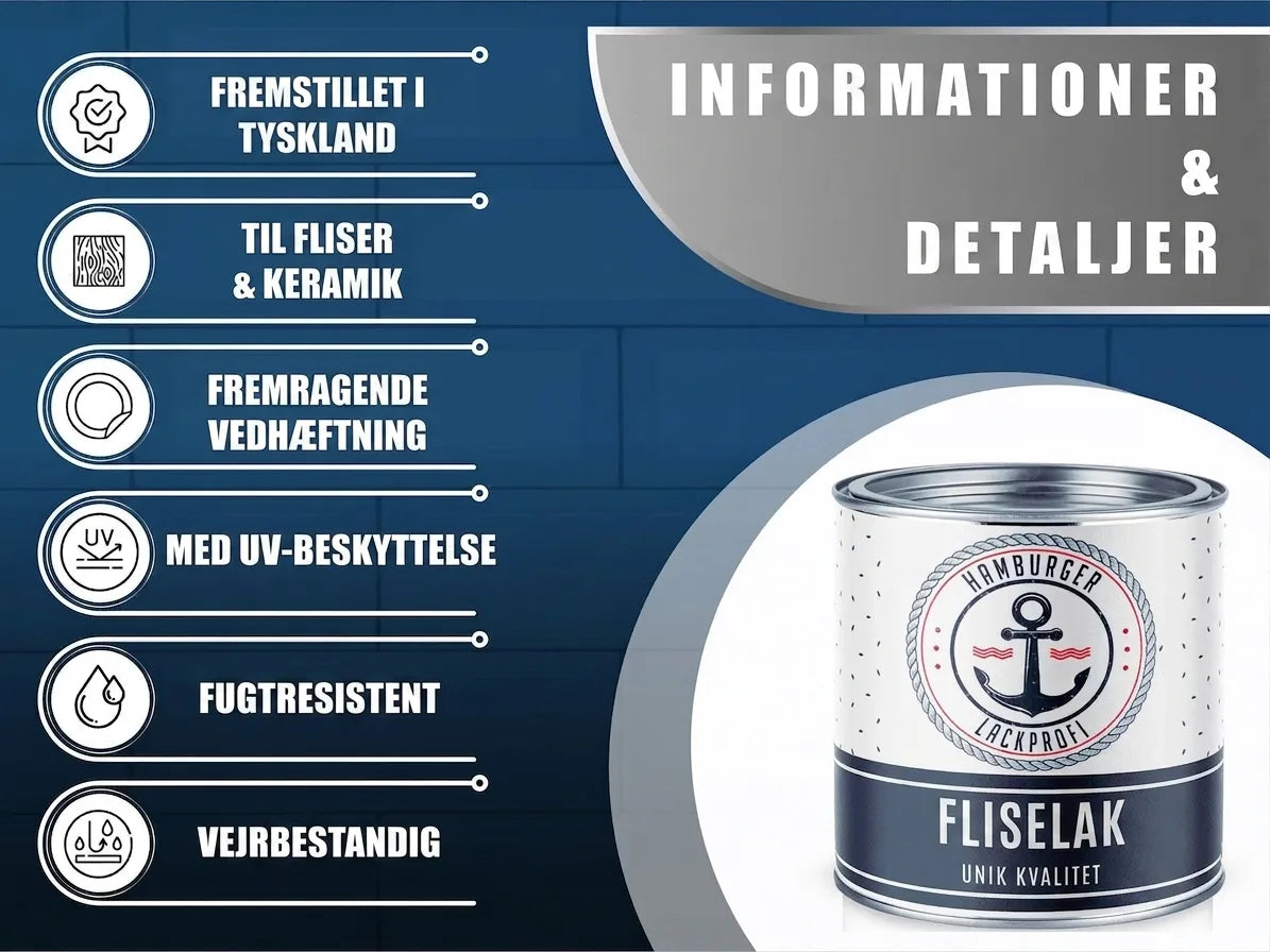Fliseemaling 'Hamburger Lackprofi' med info om fremstillet i Tyskland, UV-beskyttelse, fugt- og vejrbestandighed.