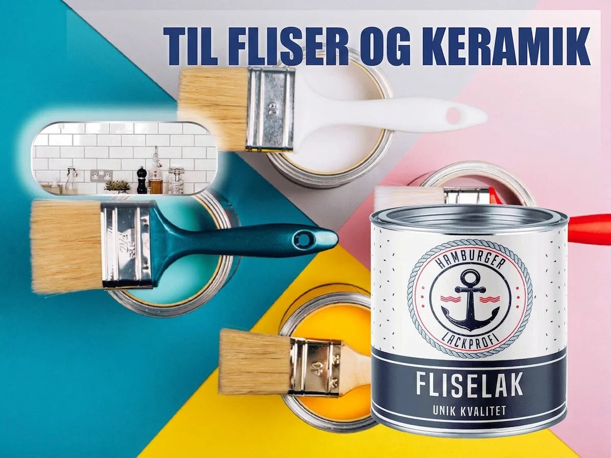Flisemaling til fliser og keramik, med pensler, farverige malerbøtter og et køkken med hvide fliser.