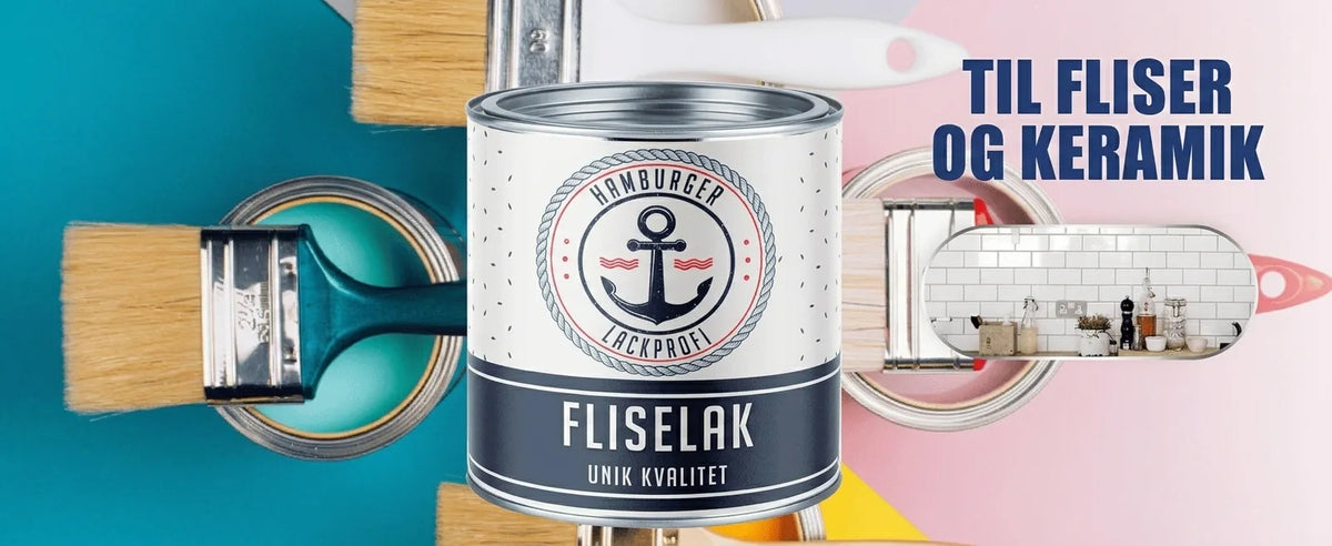 Dåser med maling, pensler og en dåse fliselak. Stor tekst: Til fliser og keramik. På dåsen: Unik kvalitet.