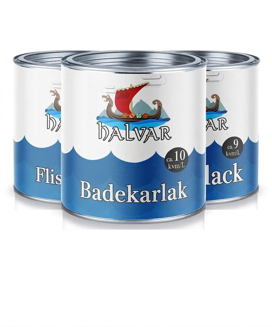 Tre HALVAR malerbøtter: badekar- og flisemaling. Vikingeskib logo og dækkeevne (ca. 10 kvm/L).