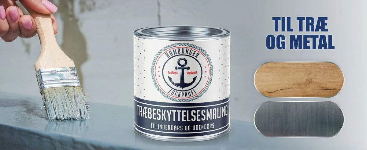 Hånd maler overflade med pensel, malerdåse med Hamburger Lackprofi træbeskyttelsesmaling til træ og metal, indendørs og udendørs.