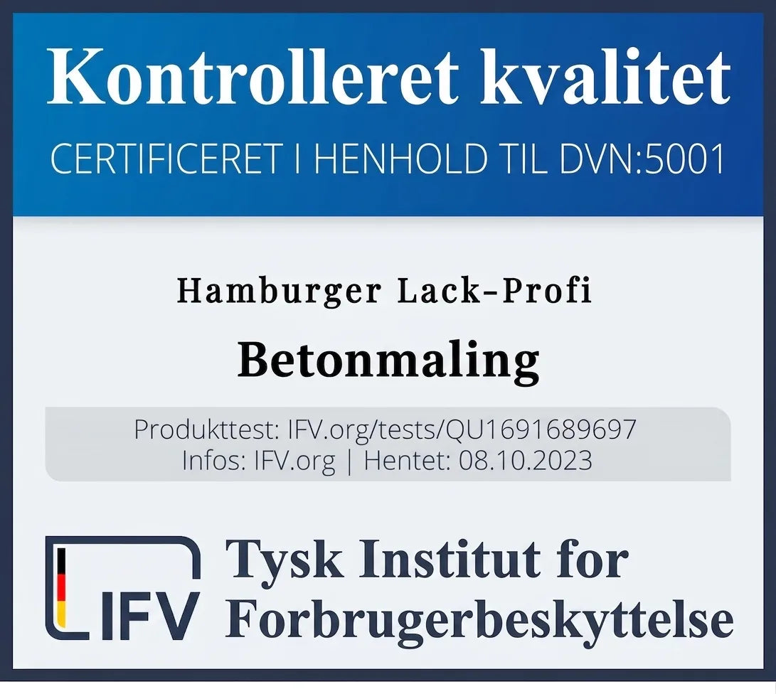 Certificeret kvalitet for Hamburger Lack-Profi betonmaling af Tysk Forbrugerbeskyttelsesinstitut.