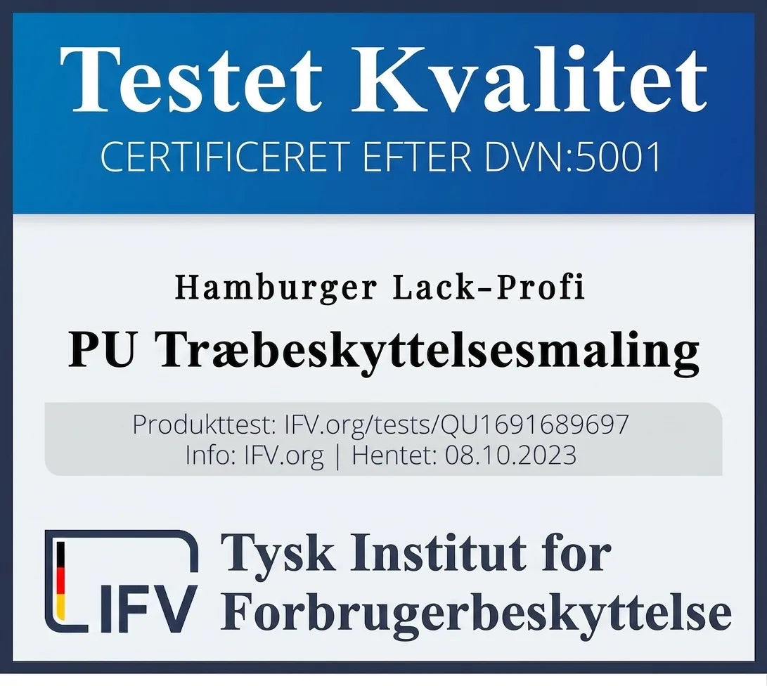 Hamburger Lack-Profi PU træbeskyttelsesmaling. Testet kvalitet, certificeret af tysk forbrugerinstitut.