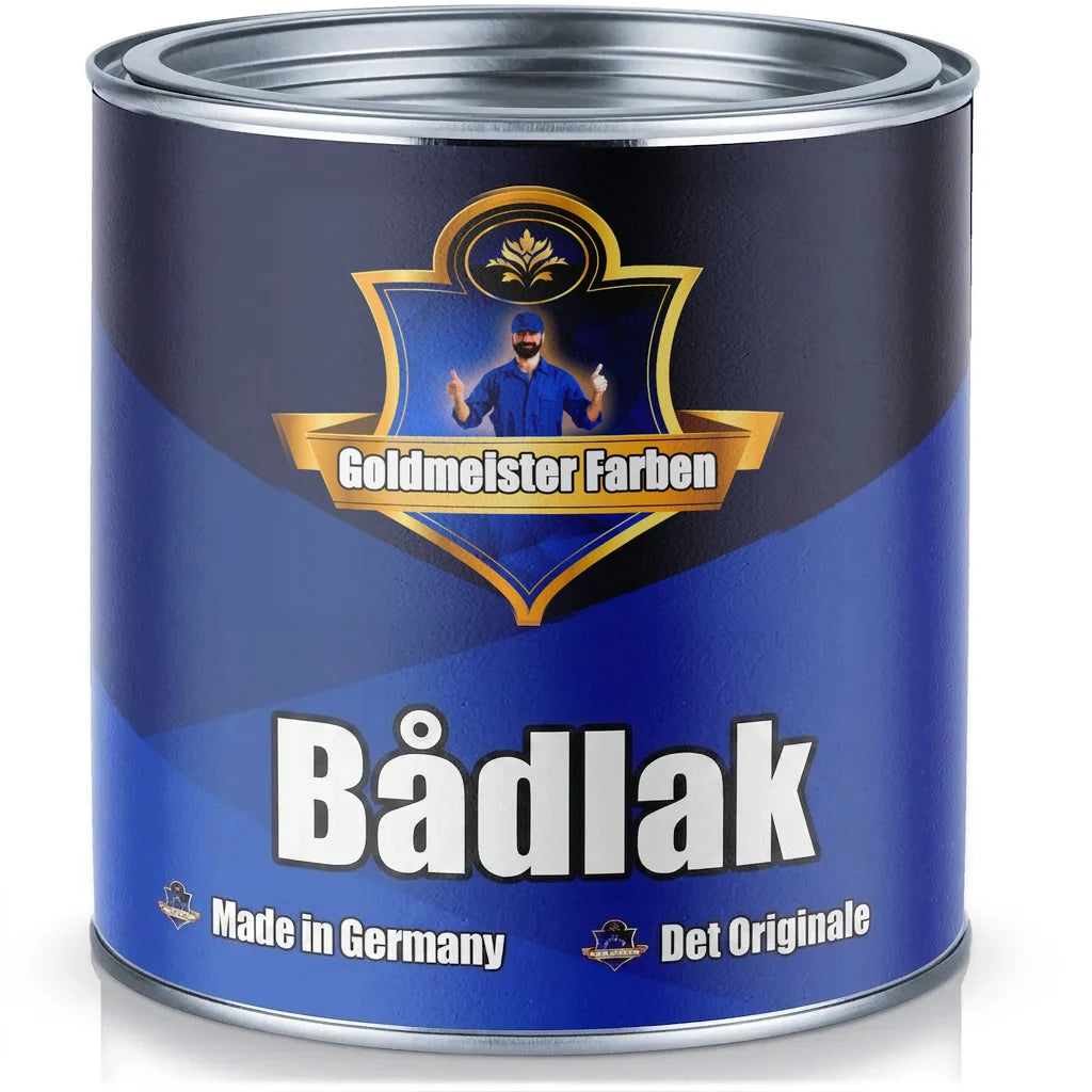 En blå dåse Goldmeister Farben bådlak, 'Das Original', fremstillet i Tyskland.