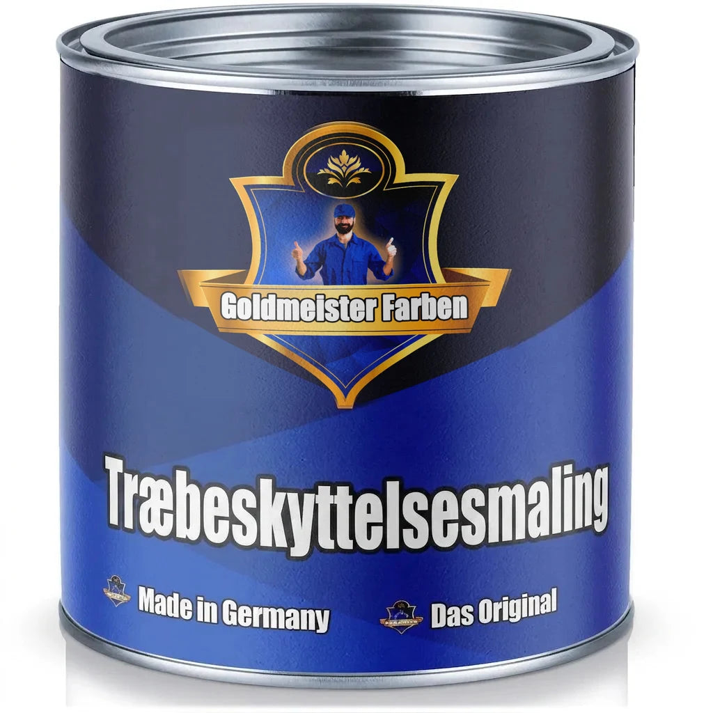 Blå malingdåse fra Goldmeister Farben med træbeskyttelsesmaling, fremstillet i Tyskland, og en mand der giver tommelfinger op.