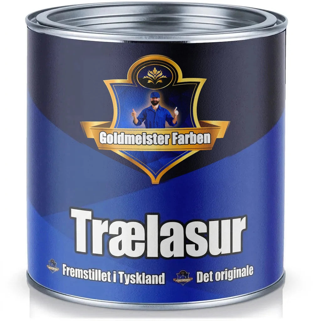 Blå Goldmeister Farben Holzlasur malerdåse, 'Made in Germany' og 'Das Original', med mand i uniform.