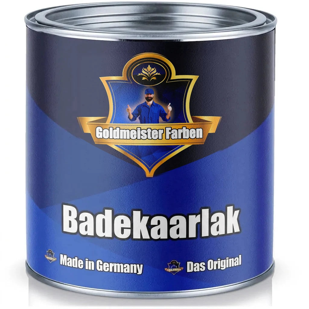 Blå malerbøtte fra Goldmeister Farben med 'Badewannenlack', 'Made in Germany' og 'Das Original'.