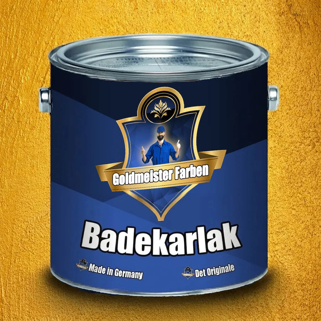 Blå malerbøtte fra Goldmeister Farver med badeværelseslak, Made in Germany og Das Original, på en gylden baggrund.