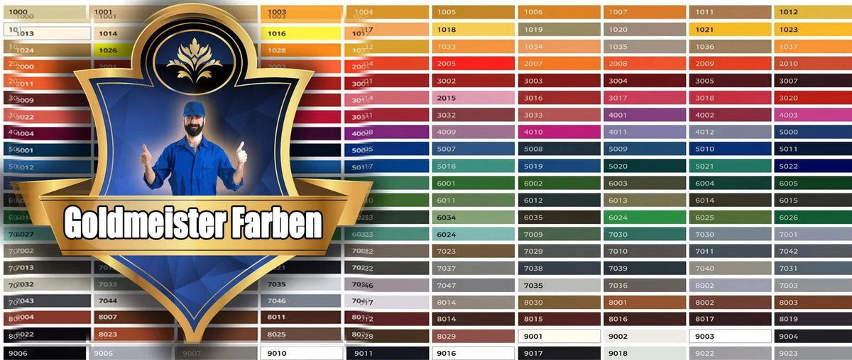 Goldmeister Farben farvekort med mange RAL-farver og en mand i uniform. Stort udvalg af malingsfarver.