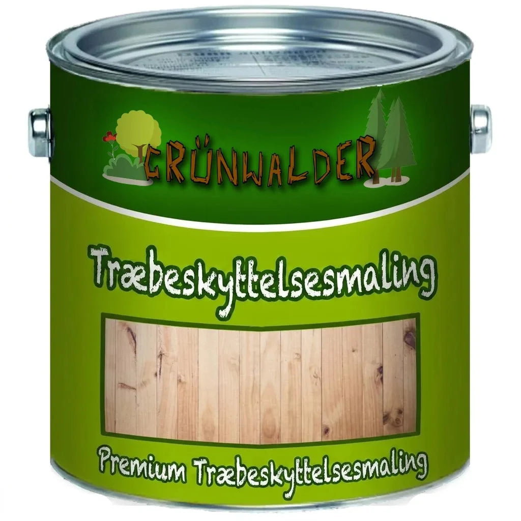 Grünwalder Premium træbeskyttelsesmaling i lysebrun træfarve. En malerbøtte med træbeskyttelse.