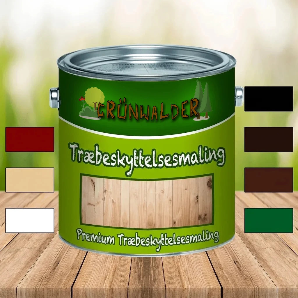 Grünwalder træbeskyttelsesmaling i grøn dåse med farveprøver (rød, beige, hvid, sort, brun, grøn).