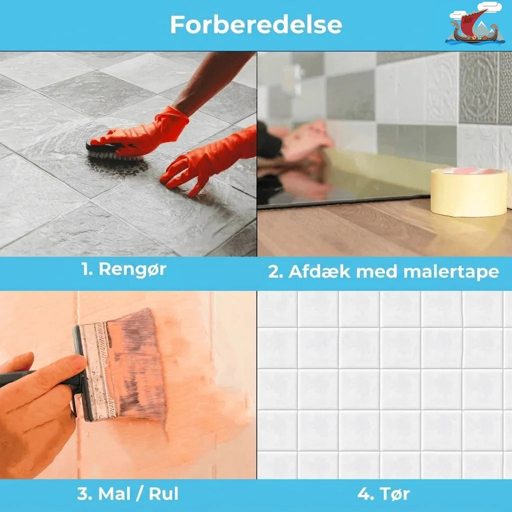 Trin-for-trin guide til forberedelse og maling af fliser: rengøring, afdækning, maling og tørring.