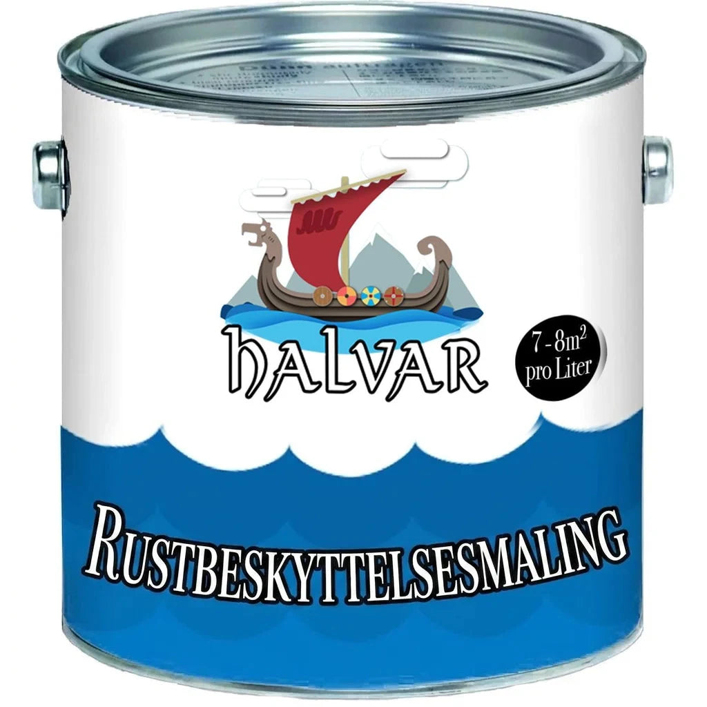 Halvar rustbeskyttelsesmaling i dåse med vikingeskibsmotiv. Rækker 7-8m² pr. liter.