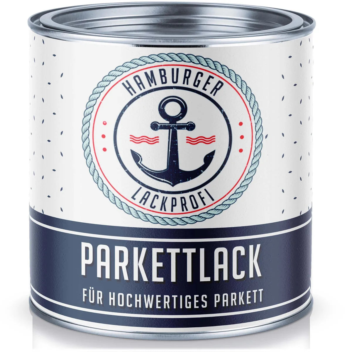 Dåse med Hamburger Lackprofi parketlak til højkvalitets parketgulve, med ankerlogo.