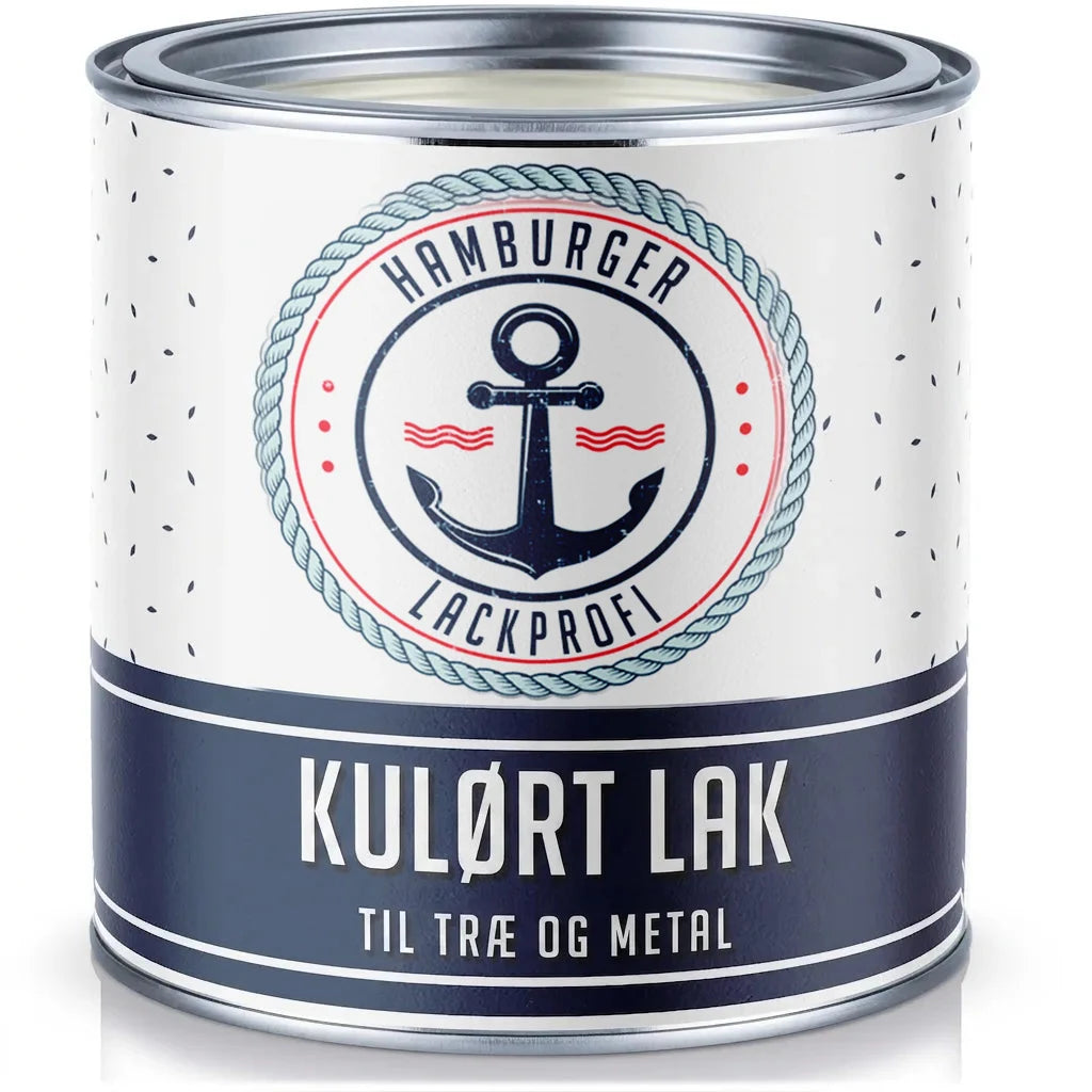 Dåse med Hamburger Lackprofi buntlack maling til træ og metal, med et maritimt ankerdesign på etiketten.