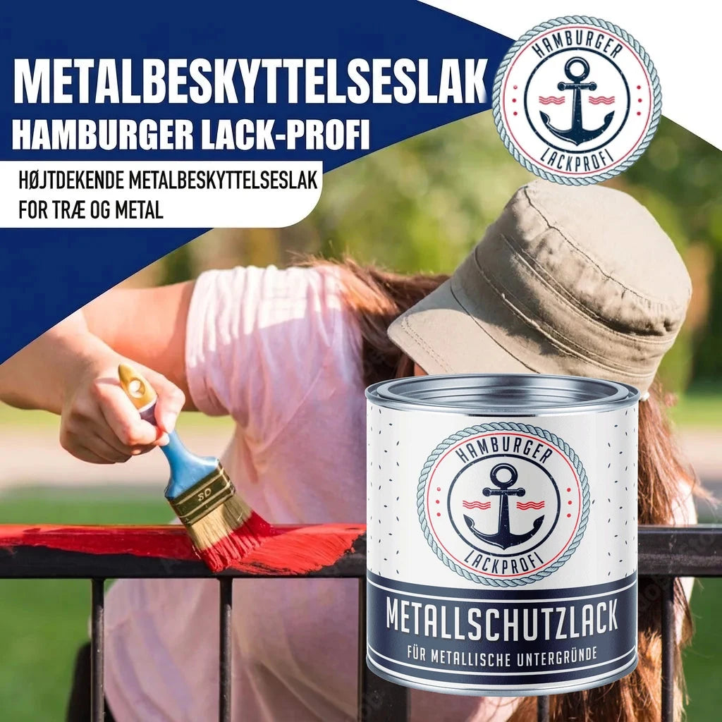 Hamburger Lack-Profi metalbeskyttelseslak. Kvinde maler rækværk. Dåse med "METALLSCHUTZLACK".