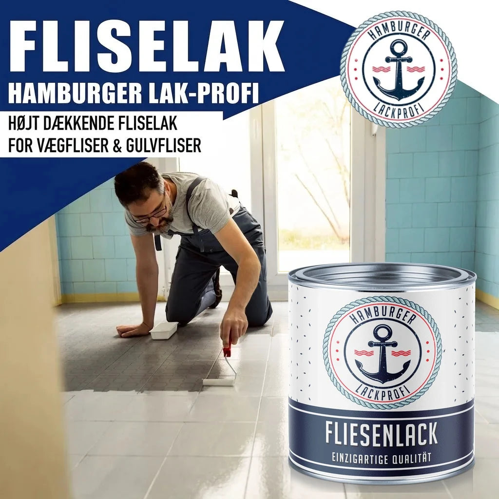 Mand maler gulvfliser med "Hamburger Lackprofi Fliesenlack". Produktet er "Højt dækkende fliselak".