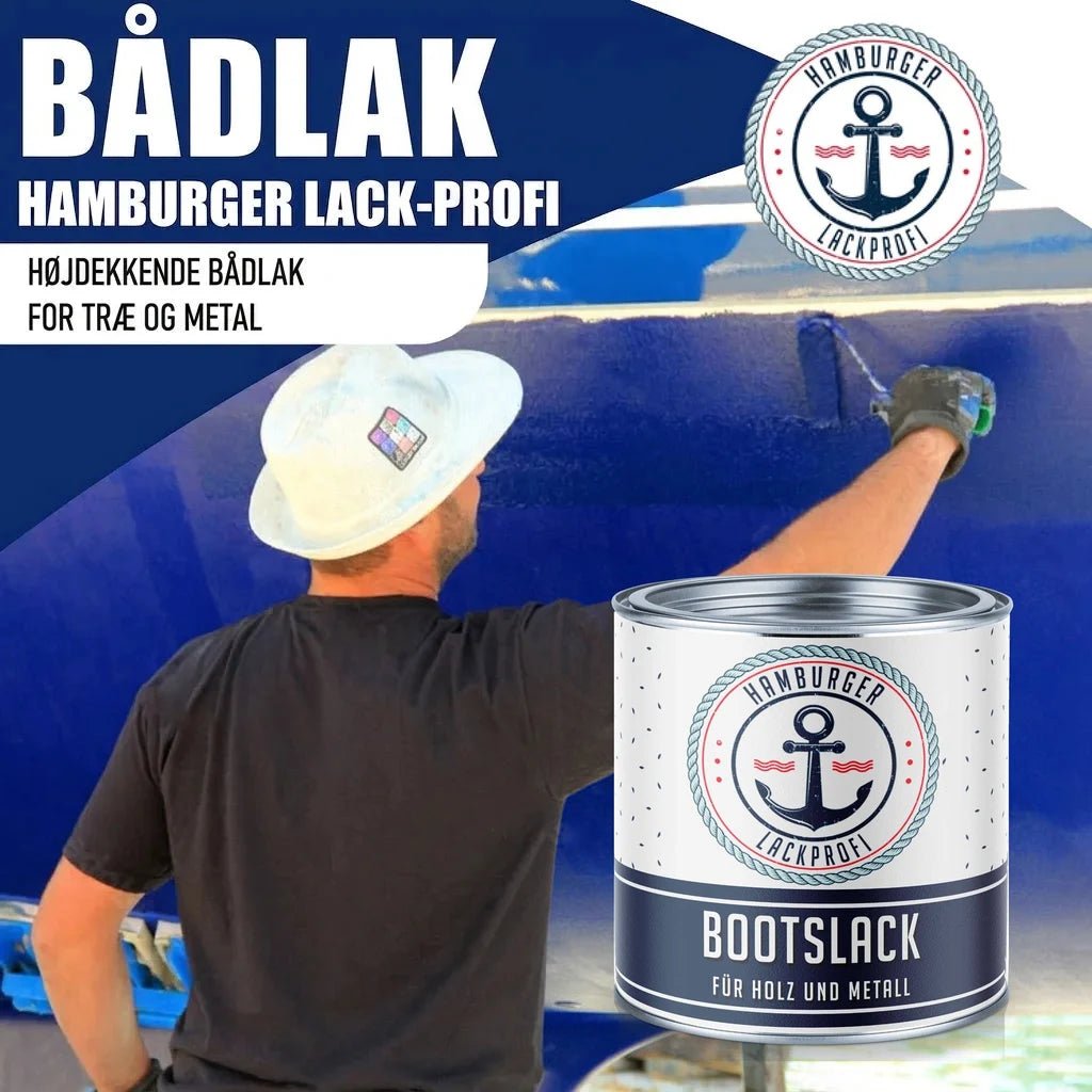 Mand maler båd med "Hamburger Lack-Profi" "Bootslack". Produktet er "Højdedækkende bådlak for træ og metal".