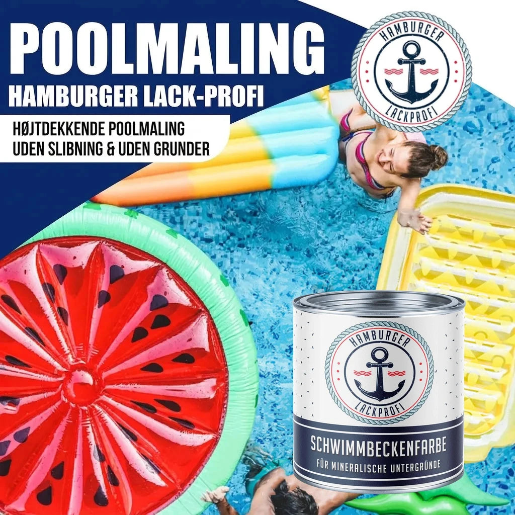 Poolmaling fra Hamburger Lack-Profi. En kvinde i en pool med baderinge og en dåse "SCHWIMMBECKENFARBE".