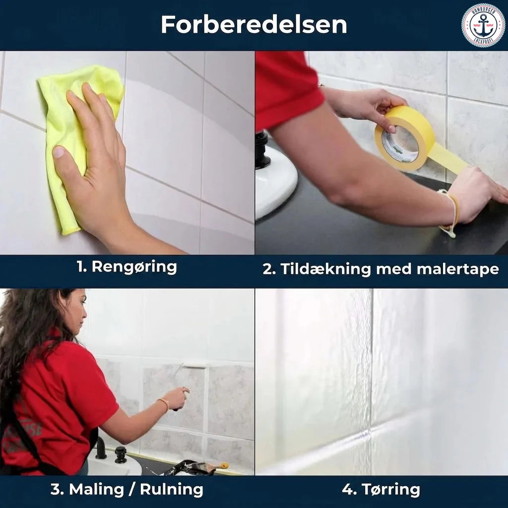 Trin for trin guide til forberedelse og maling af fliser: rengøring, afdækning, maling og tørring.