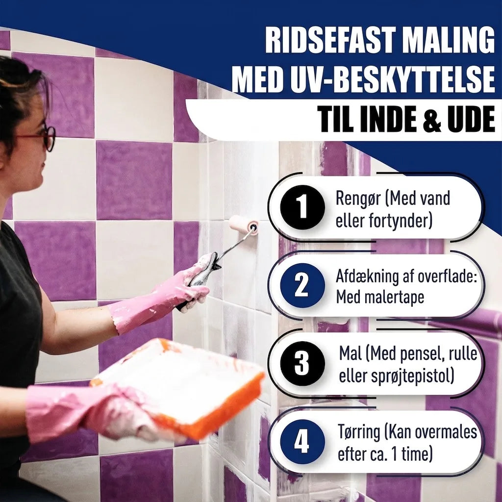 Person maler fliser hvide. Ridsefast maling med UV-beskyttelse til inde og ude, samt trin til påføring.