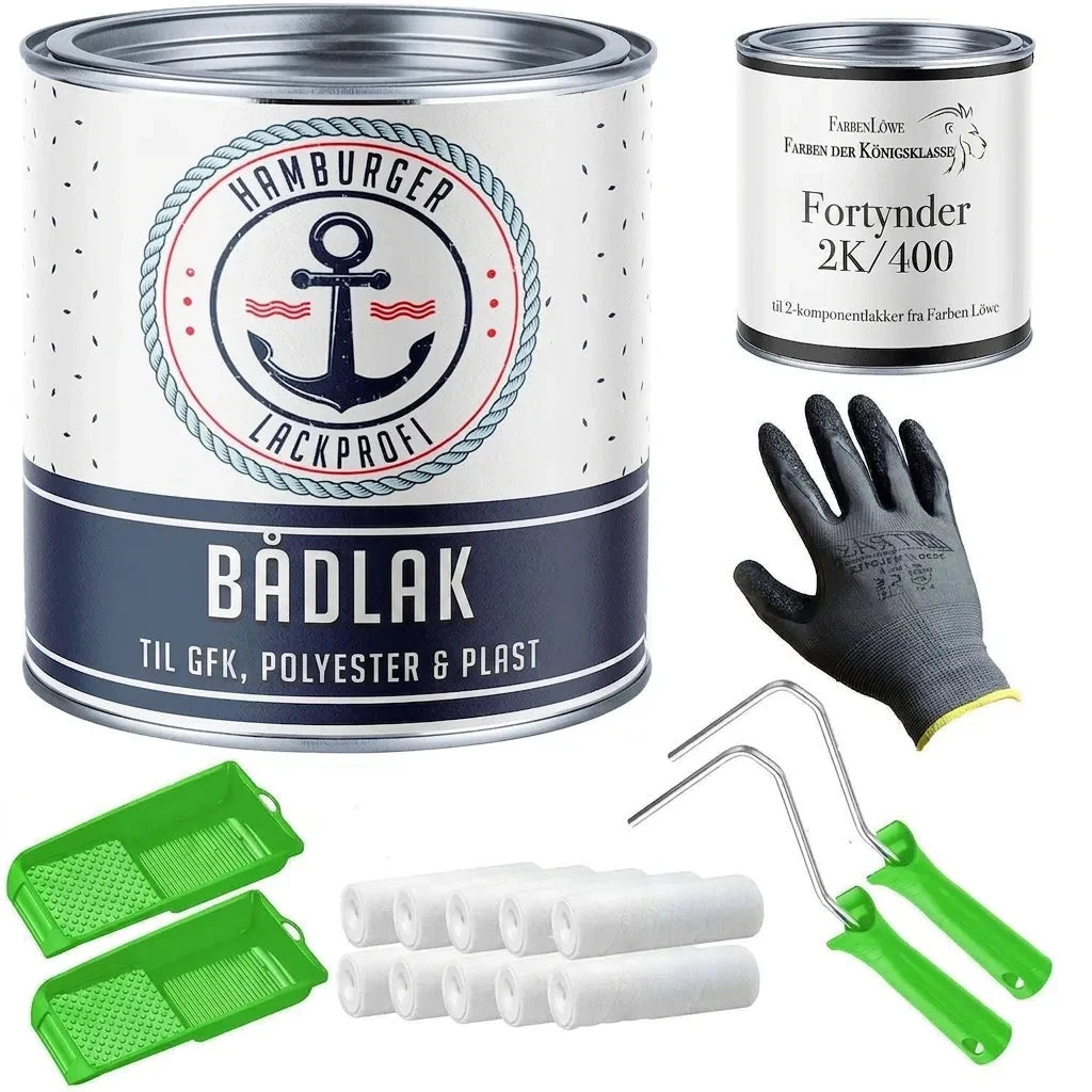 Sæt med Hamburger Lackprofi bådlak, fortynder, handsker, malerruller og bakker til GFK, polyester, plast.