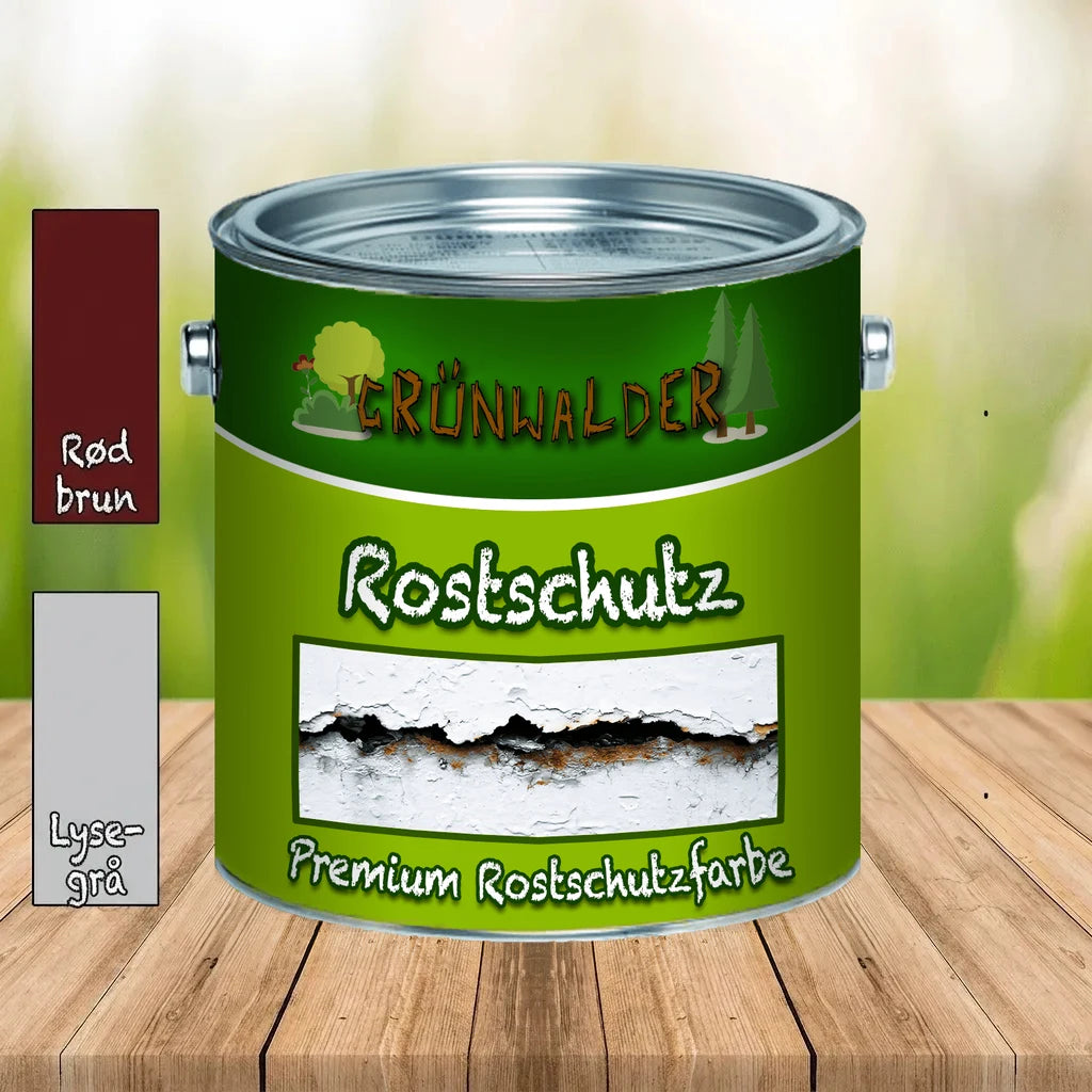 Grünwalder "Rostschutz" malingdåse i rødbrun og lysegrå på træbord. "Premium Rostschutzfarbe".