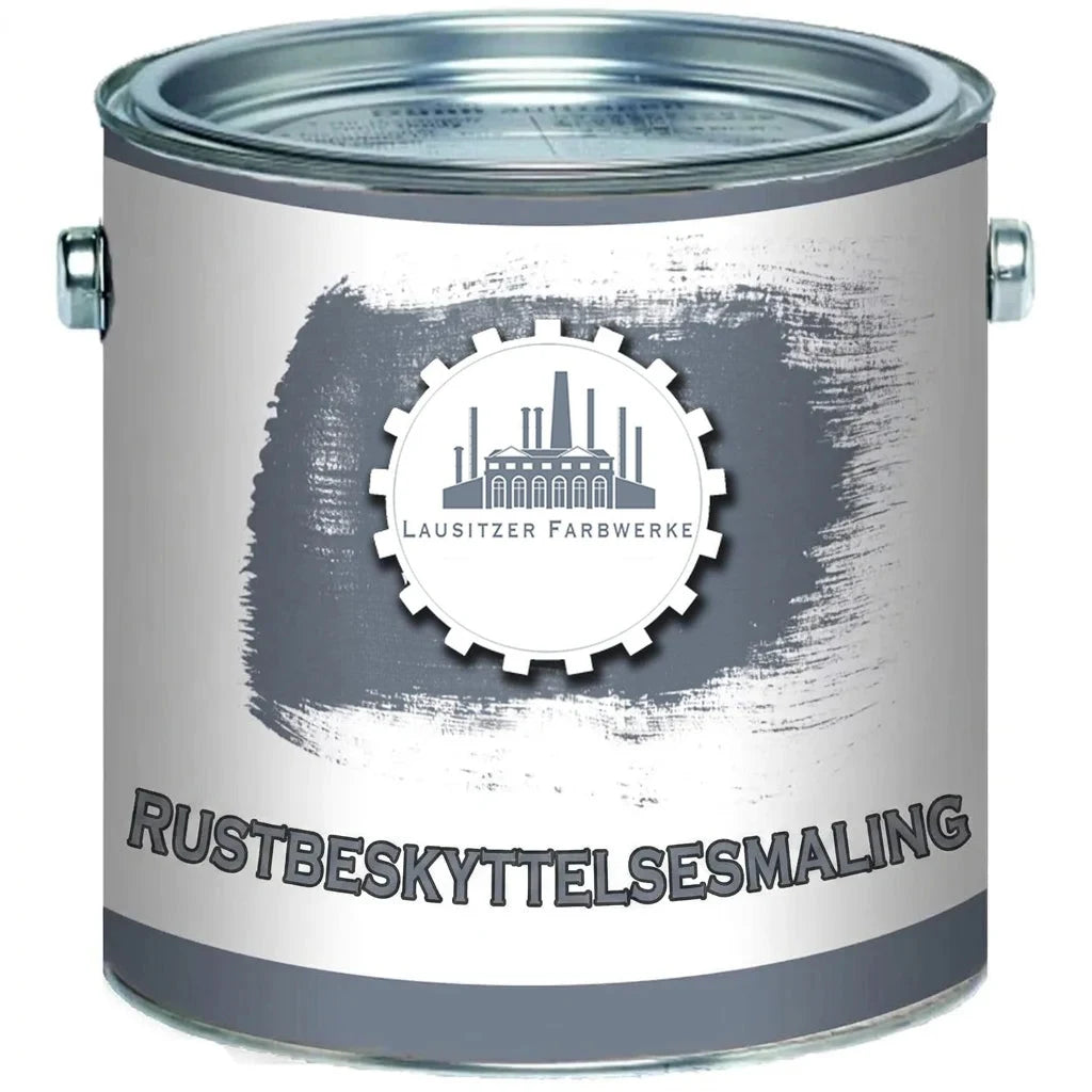 Grå malingsdåse fra Lausitzer Farbwerke med logo og teksten "ROSTSCHUTZFARBE" (rustbeskyttelsesmaling).
