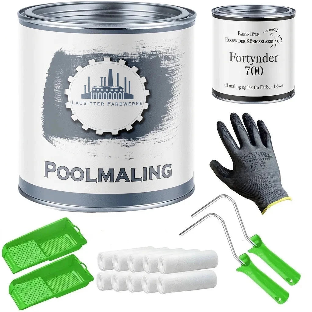 Komplet sæt til poolmaling: Inkluderer poolmaling, fortynder, maleruller, bakker og handsker.