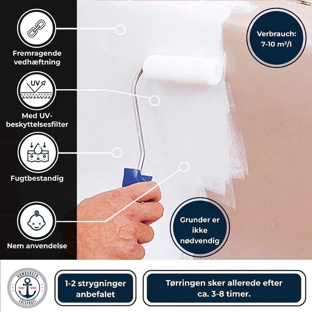 Maling med fremragende hæftning, UV-beskyttelse og fugtbestandighed. Nem at bruge, ingen primer, tørrer hurtigt.