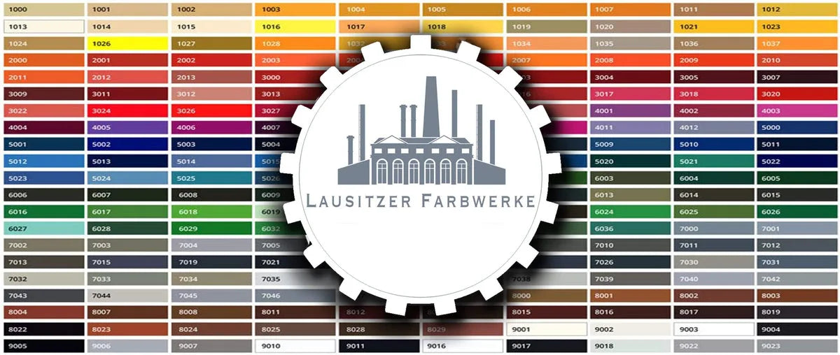 RAL farvekort med mange farveprøver og numre, med Lausitzer Farbwerke-logoet i midten af et tandhjul.