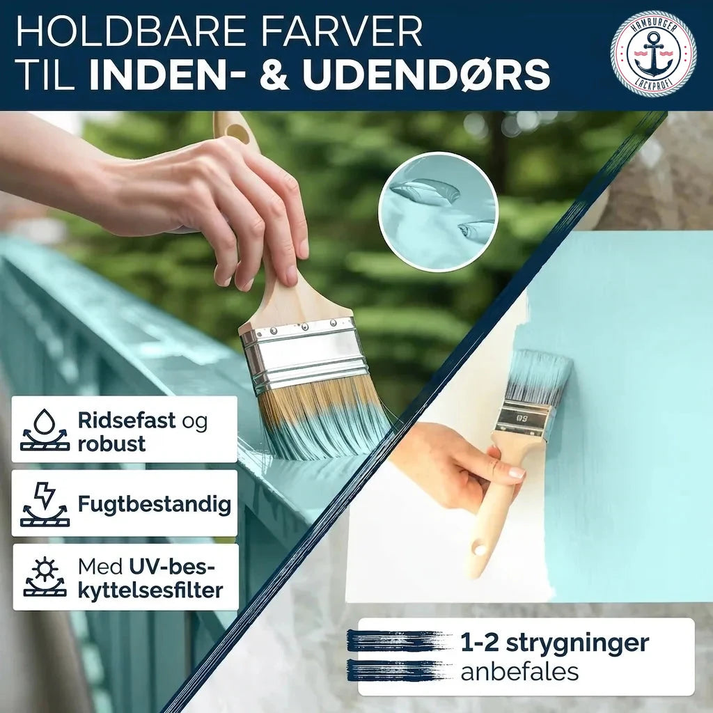 Holdbar maling til inde & ude. Ridsefast, fugtbestandig, UV-beskyttelse. 1-2 lag. En person maler med lyseblå maling.