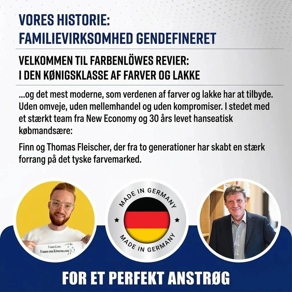 Farbenlöwe familieforetagende, der redefinerer maling og lak, med 'Made in Germany' og stifterne Finn og Thomas.
