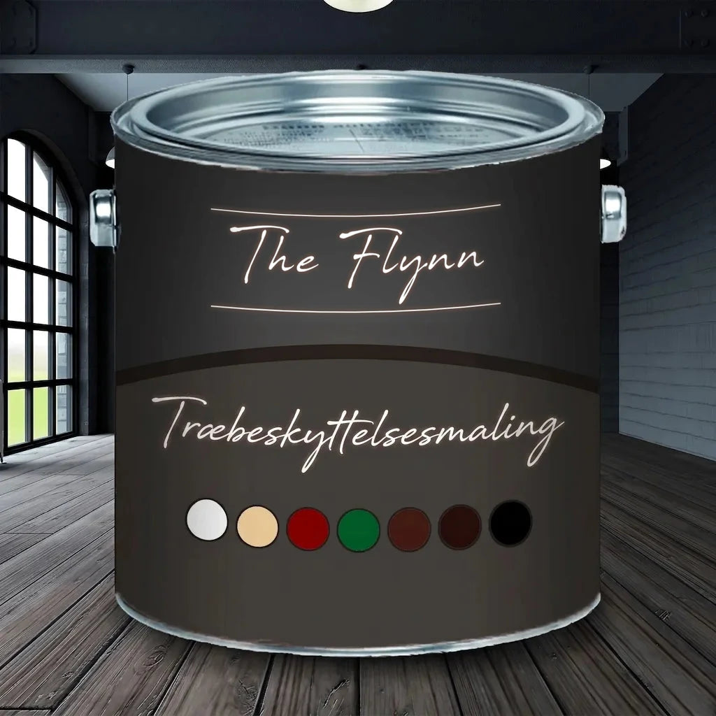 The Flynn træbeskyttelsesmaling i mørk dåse med farveprøver i hvid, beige, rød, grøn, brun og sort.
