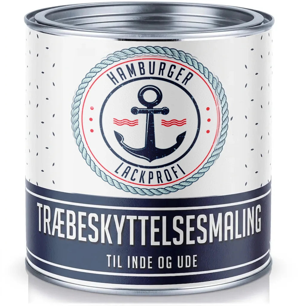 Dåse med træbeskyttelsesmaling fra Hamburger Lackprofi til indendørs og udendørs brug, med ankerlogo.