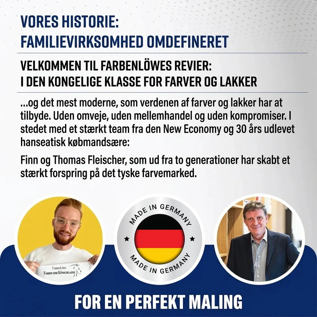 Farbenlöwe: Tysk familieejet malingsvirksomhed. Finn og Thomas Fleischer, kvalitet, direkte salg, "Made in Germany".