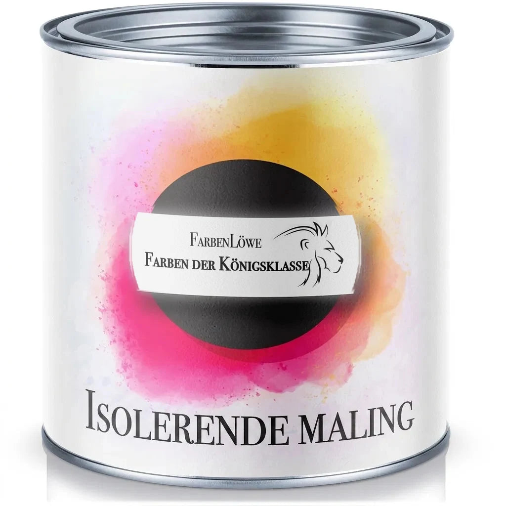 Dåse med FarbenLöwe isoleringsmaling, hvid emballage med farverige stænk og løvelogo.