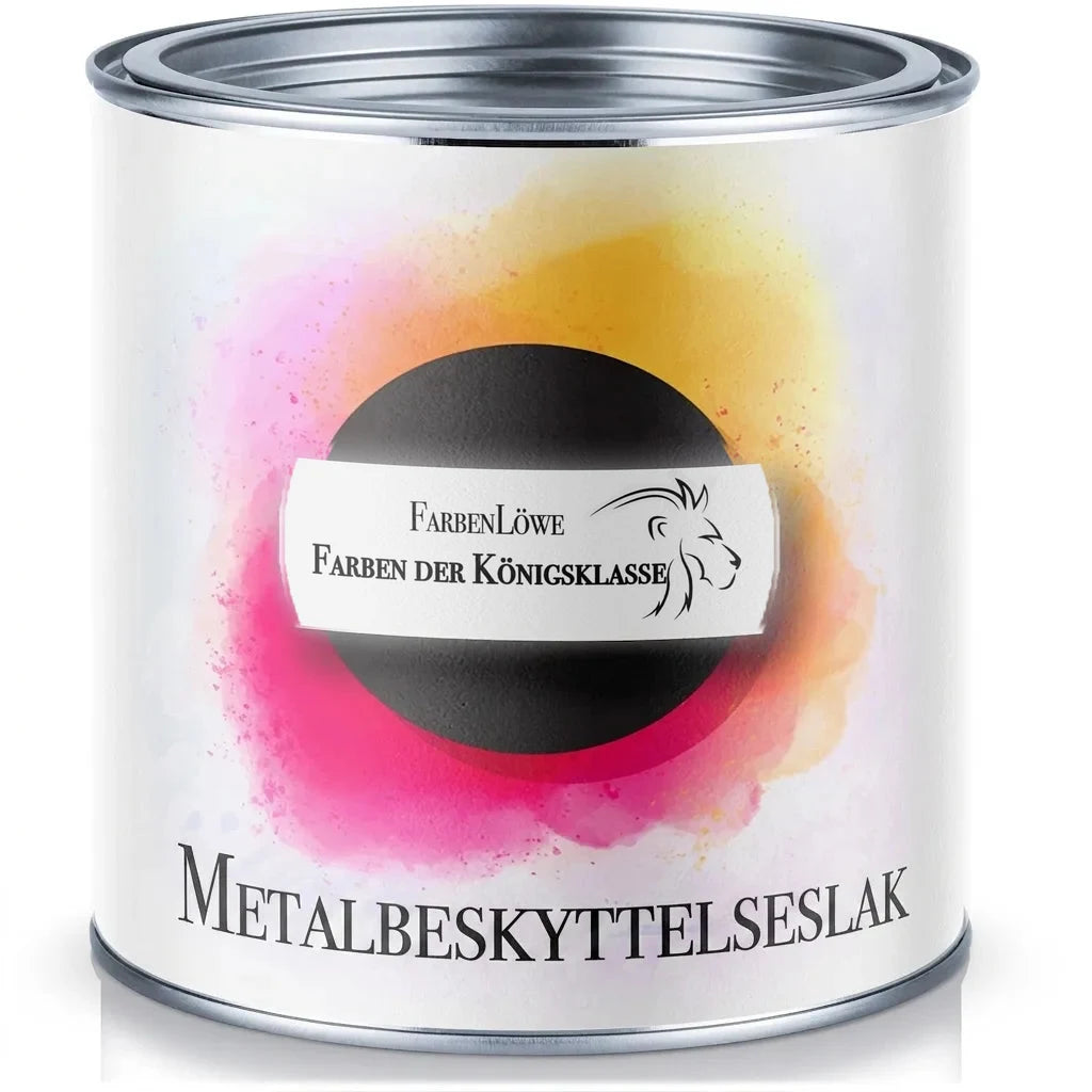 FarbenLöwe metalbeskyttelsesmaling. Hvid dåse med teksten 'Farben der Königsklasse' og farvestænk.