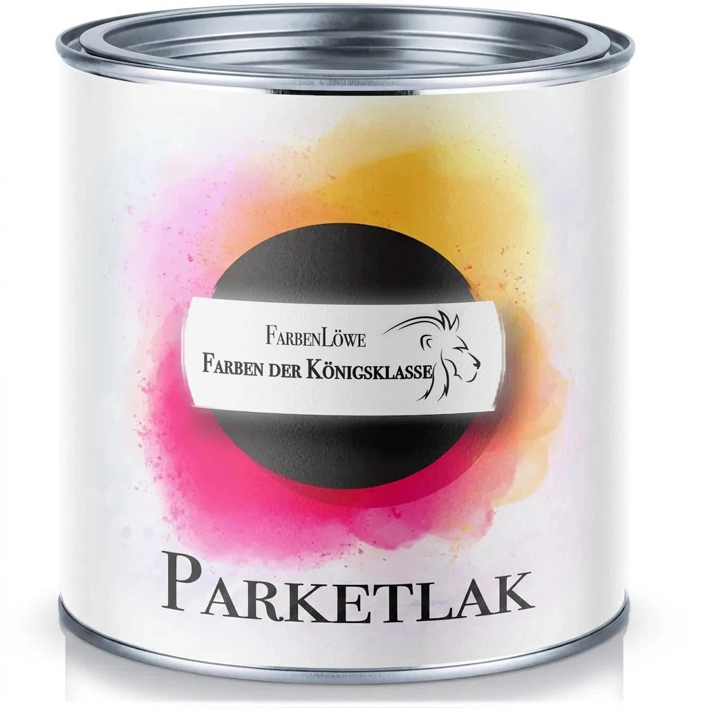 FarbenLöwe parketlakdåse med farverig label, løvelogo og baggrund i pink og gul.