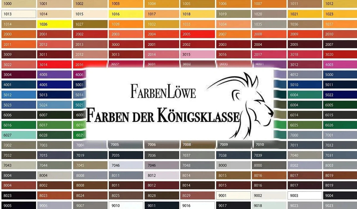Farvekort med RAL-farvekoder og brandnavnet FarbenLöwe. Tekst: "Farben der Königsklasse" og løve-logo.