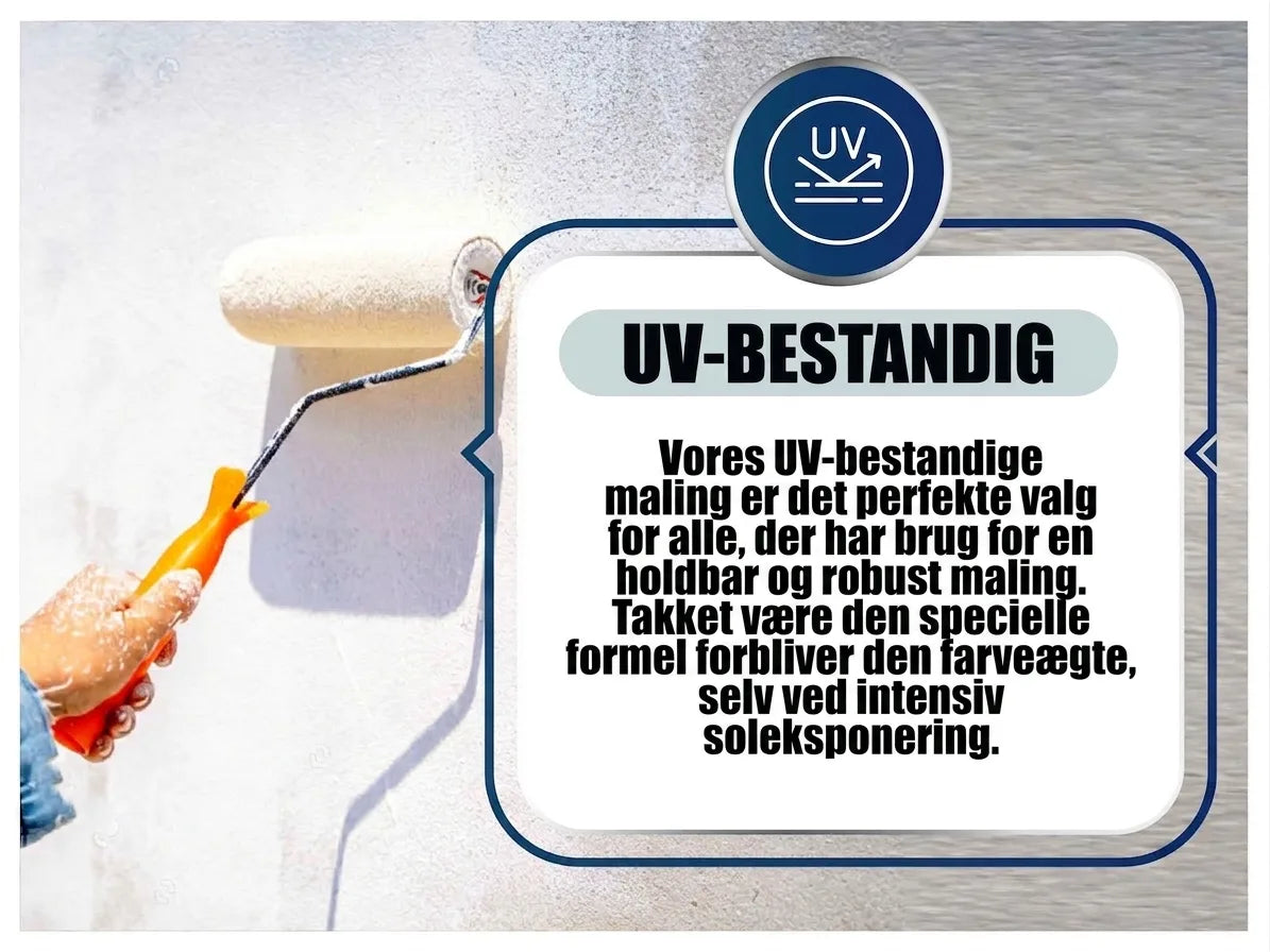 Person maler væg med UV-bestandig hvid maling. Malingen forbliver farveægte selv ved intensiv solstråling.
