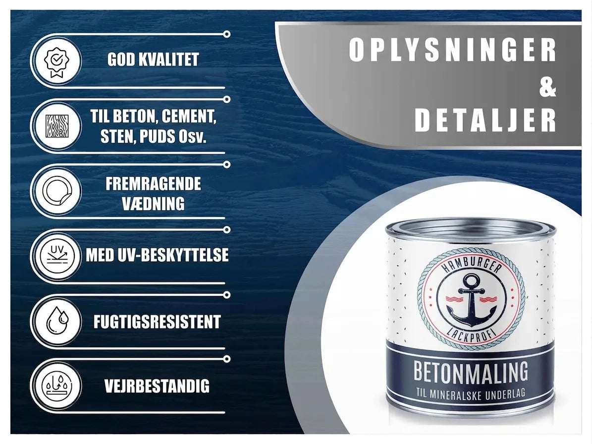 Info om Hamburger Lackprofi betonmaling. Egenskaber: God kvalitet, til beton/sten/puds, UV-beskyttelse, vejr- & fugtbestandig.
