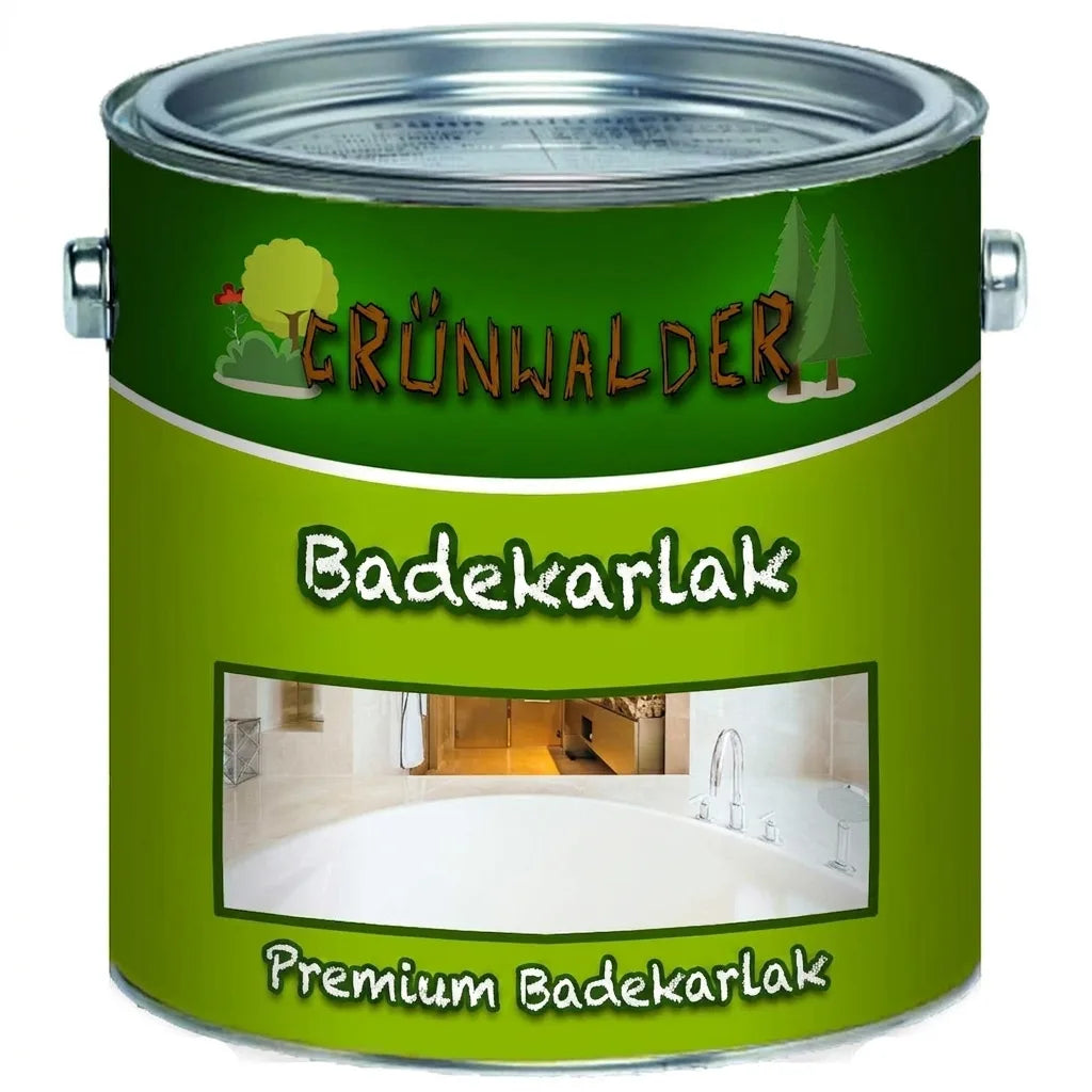 Grünwalder Premium Badewannenlak i grøn spand med billede af et badeværelse med badekar.